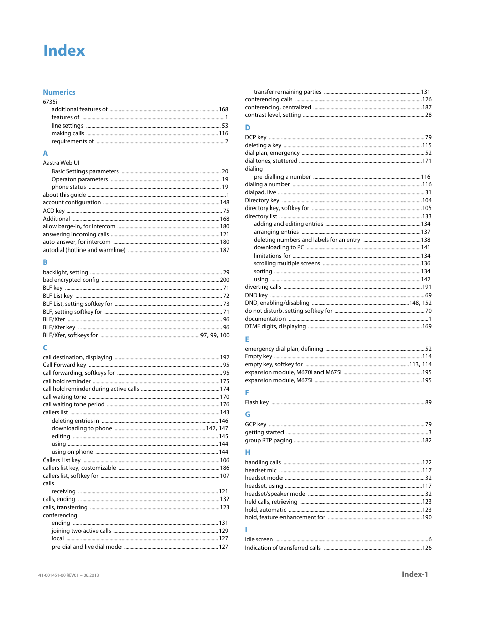 Index | AASTRA 6735i User Guide EN User Manual | Page 217 / 220