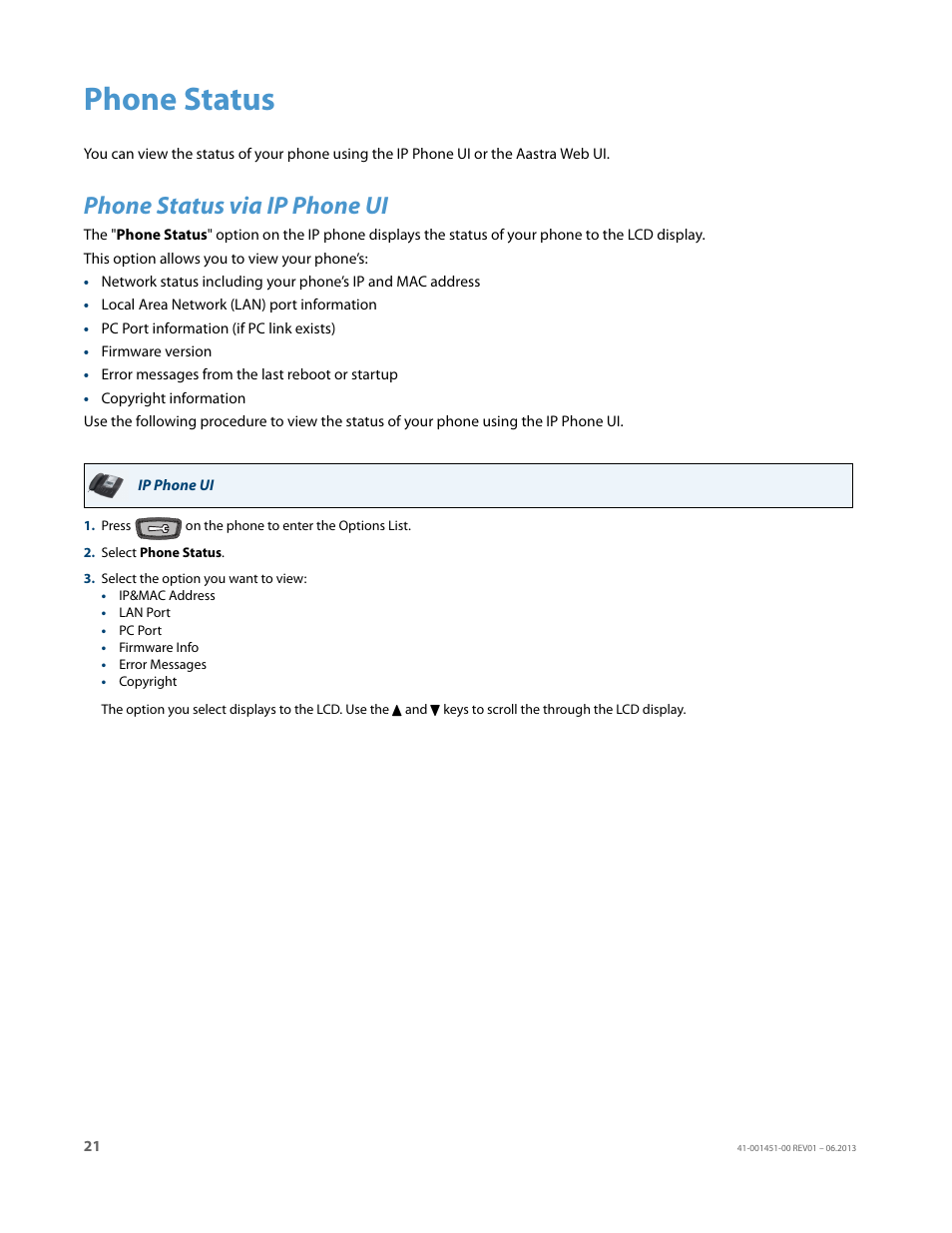 Phone status, Phone status via ip phone ui | AASTRA 6735i User Guide EN User Manual | Page 28 / 220