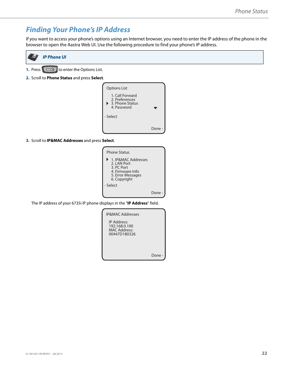 Finding your phone’s ip address, Phone status | AASTRA 6735i User Guide EN User Manual | Page 29 / 220