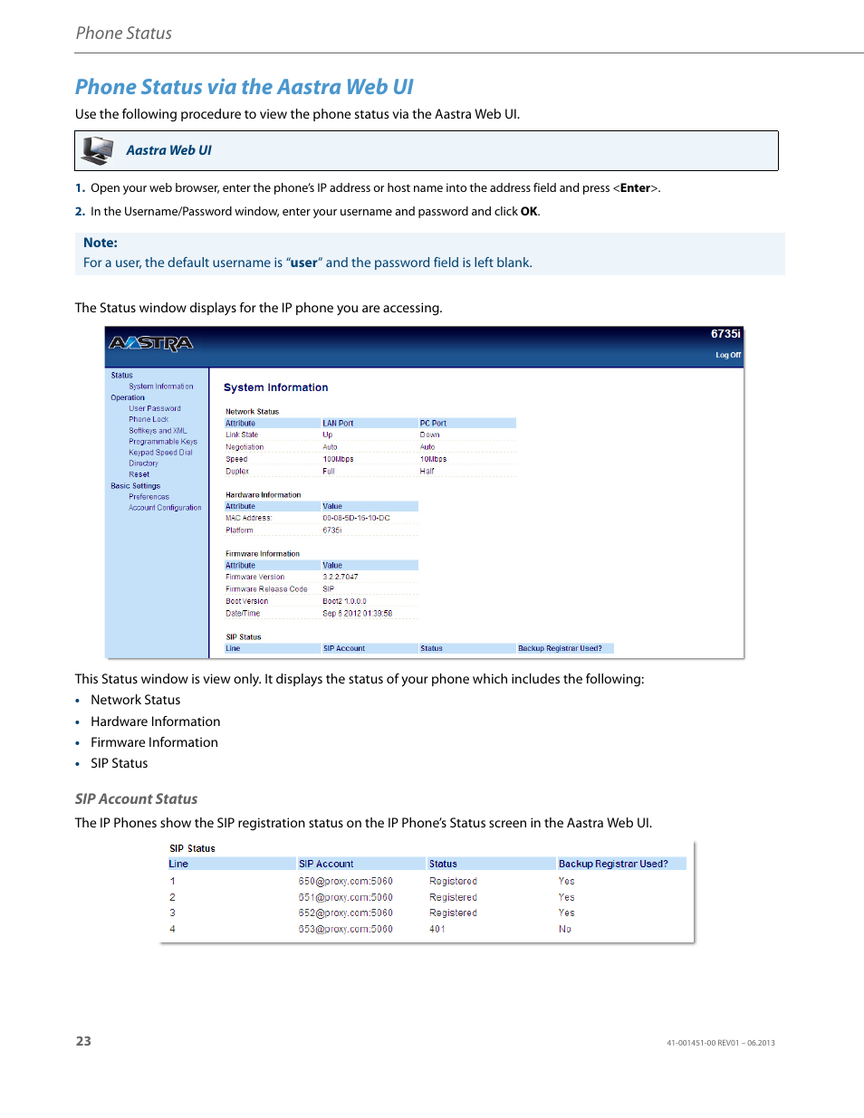 Phone status via the aastra web ui, Sip account status, Phone status | AASTRA 6735i User Guide EN User Manual | Page 30 / 220