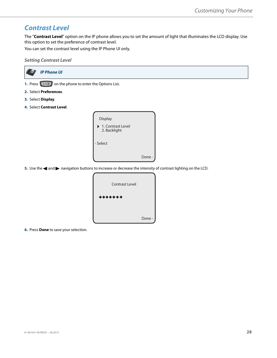 Contrast level, Setting contrast level, Customizing your phone | AASTRA 6735i User Guide EN User Manual | Page 35 / 220