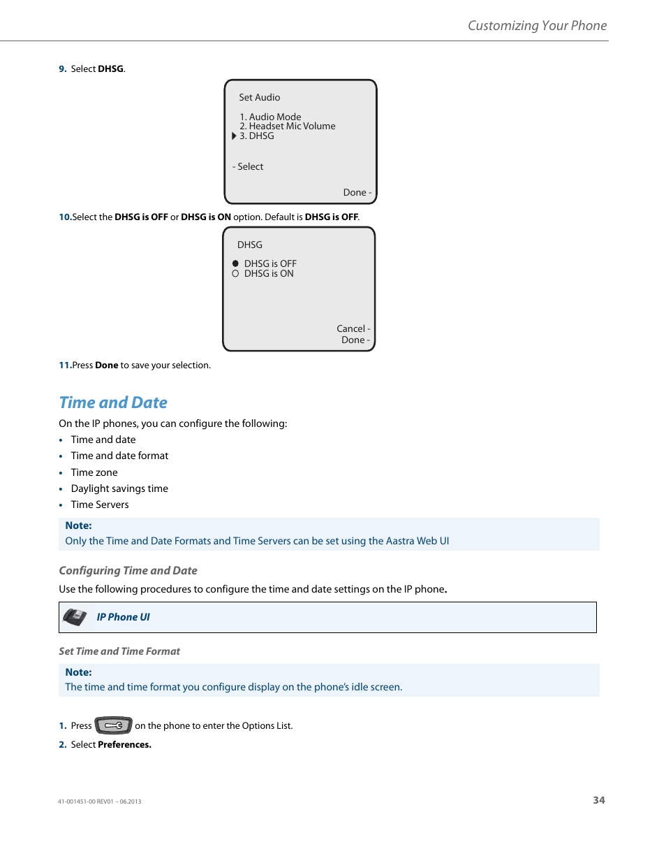 Time and date, Configuring time and date, Customizing your phone | AASTRA 6735i User Guide EN User Manual | Page 41 / 220