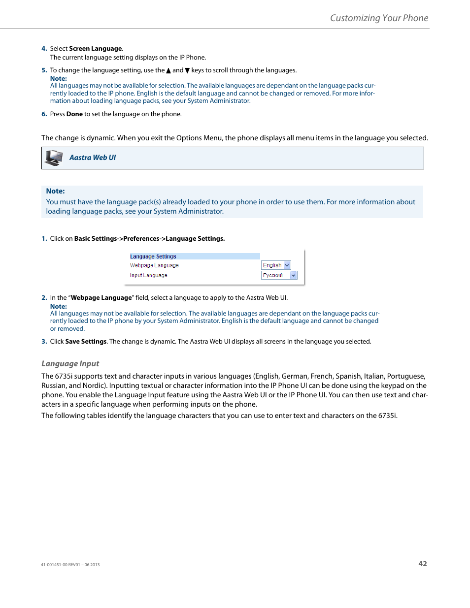 Language input, Customizing your phone | AASTRA 6735i User Guide EN User Manual | Page 49 / 220