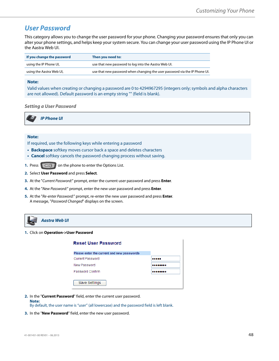 User password, Setting a user password, Customizing your phone | AASTRA 6735i User Guide EN User Manual | Page 55 / 220