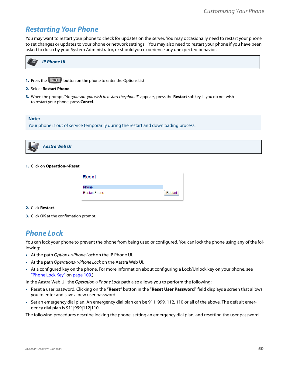 Restarting your phone, Phone lock, Customizing your phone | AASTRA 6735i User Guide EN User Manual | Page 57 / 220