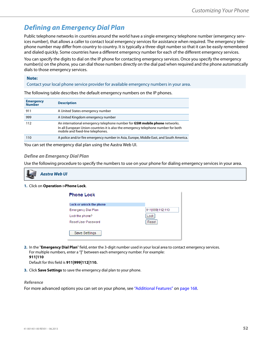 Defining an emergency dial plan, Define an emergency dial plan, Customizing your phone | AASTRA 6735i User Guide EN User Manual | Page 59 / 220