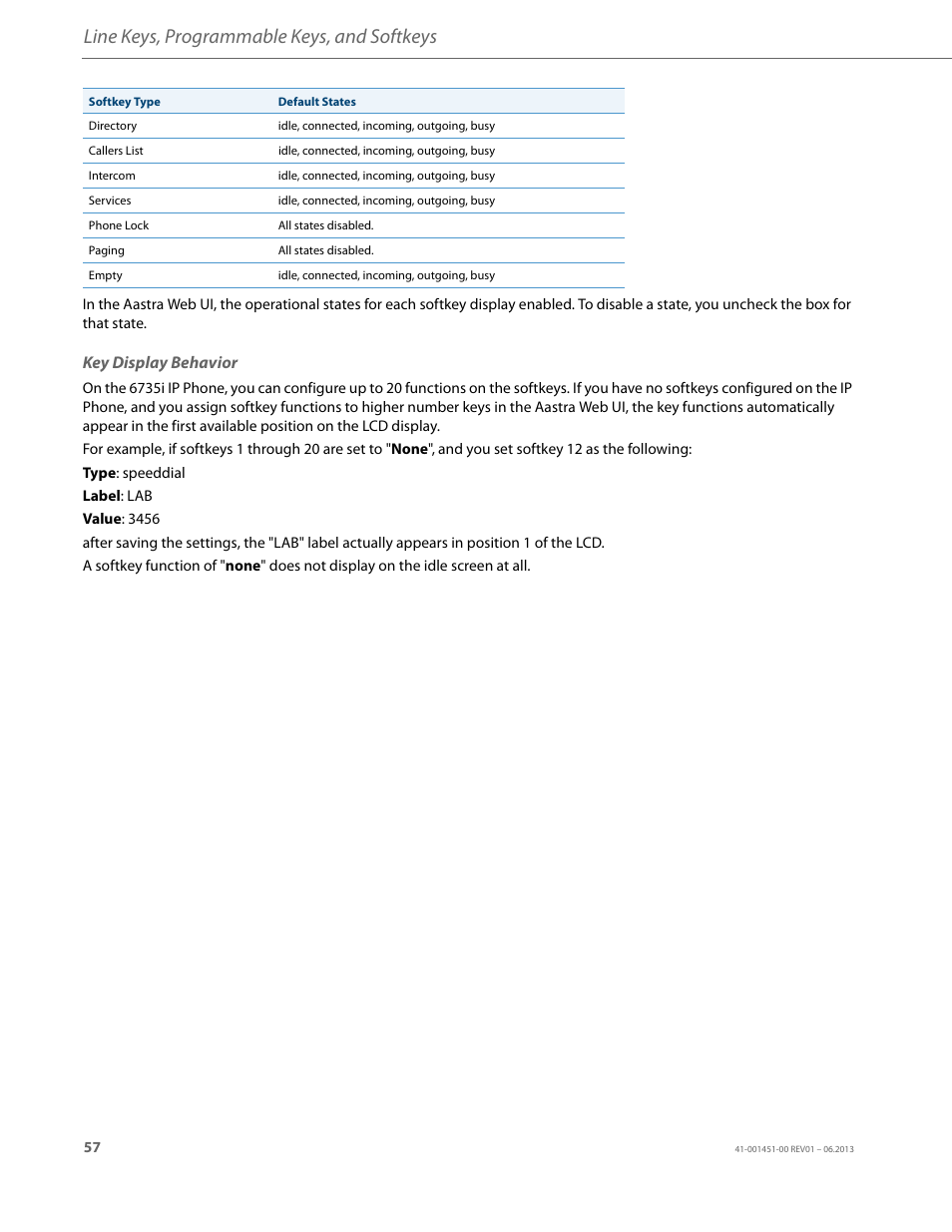 Key display behavior, Line keys, programmable keys, and softkeys | AASTRA 6735i User Guide EN User Manual | Page 64 / 220