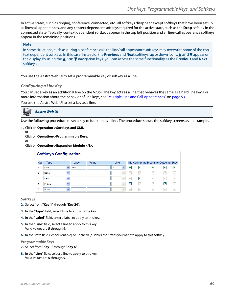 Configuring a line key, Line keys, programmable keys, and softkeys | AASTRA 6735i User Guide EN User Manual | Page 67 / 220