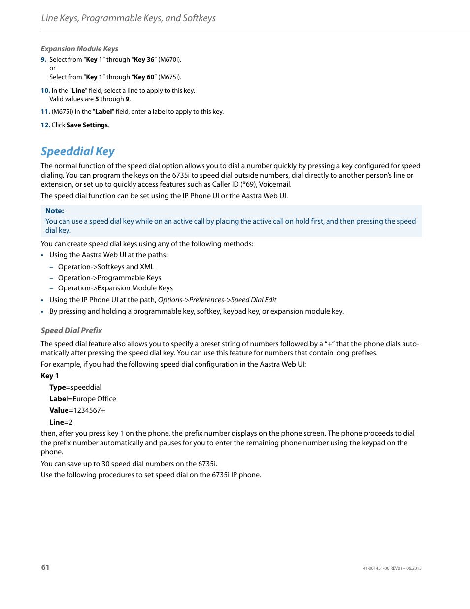 Speeddial key, Speed dial prefix, Line keys, programmable keys, and softkeys | AASTRA 6735i User Guide EN User Manual | Page 68 / 220