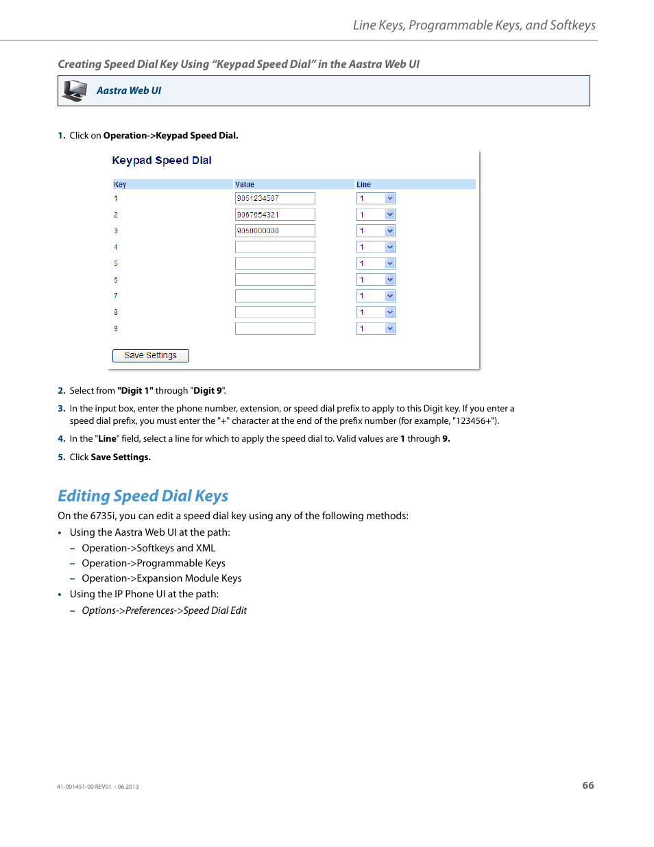 Editing speed dial keys, Line keys, programmable keys, and softkeys | AASTRA 6735i User Guide EN User Manual | Page 73 / 220