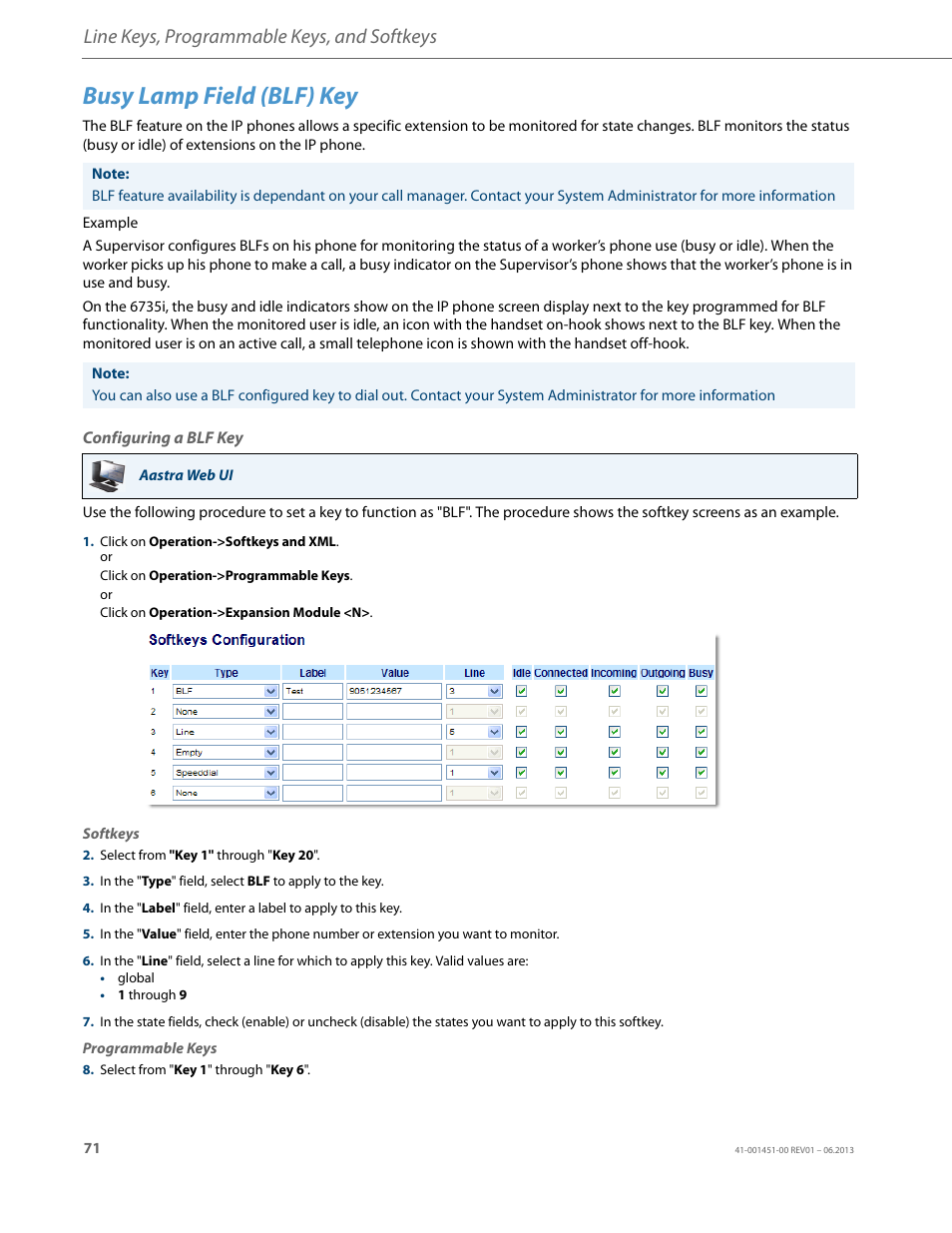Busy lamp field (blf) key, Configuring a blf key, Line keys, programmable keys, and softkeys | AASTRA 6735i User Guide EN User Manual | Page 78 / 220