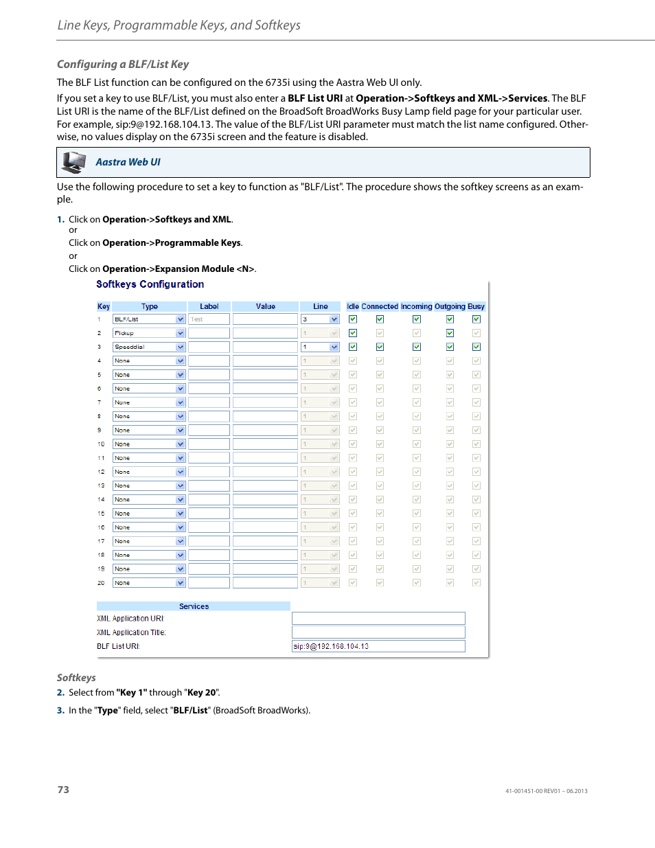 Configuring a blf/list key, Line keys, programmable keys, and softkeys | AASTRA 6735i User Guide EN User Manual | Page 80 / 220