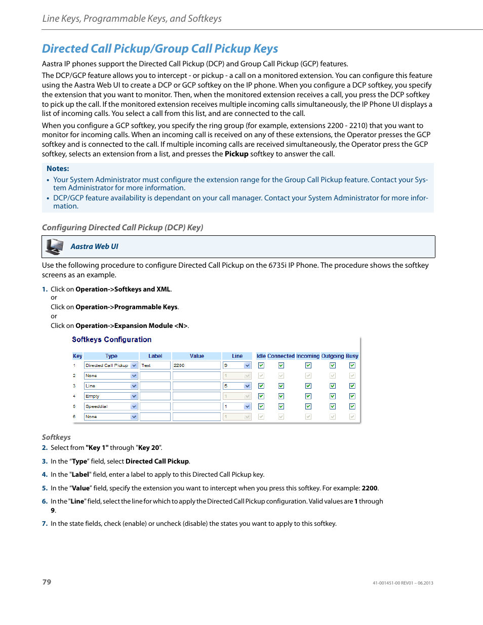 Directed call pickup/group call pickup keys, Configuring directed call pickup (dcp) key), Line keys, programmable keys, and softkeys | AASTRA 6735i User Guide EN User Manual | Page 86 / 220