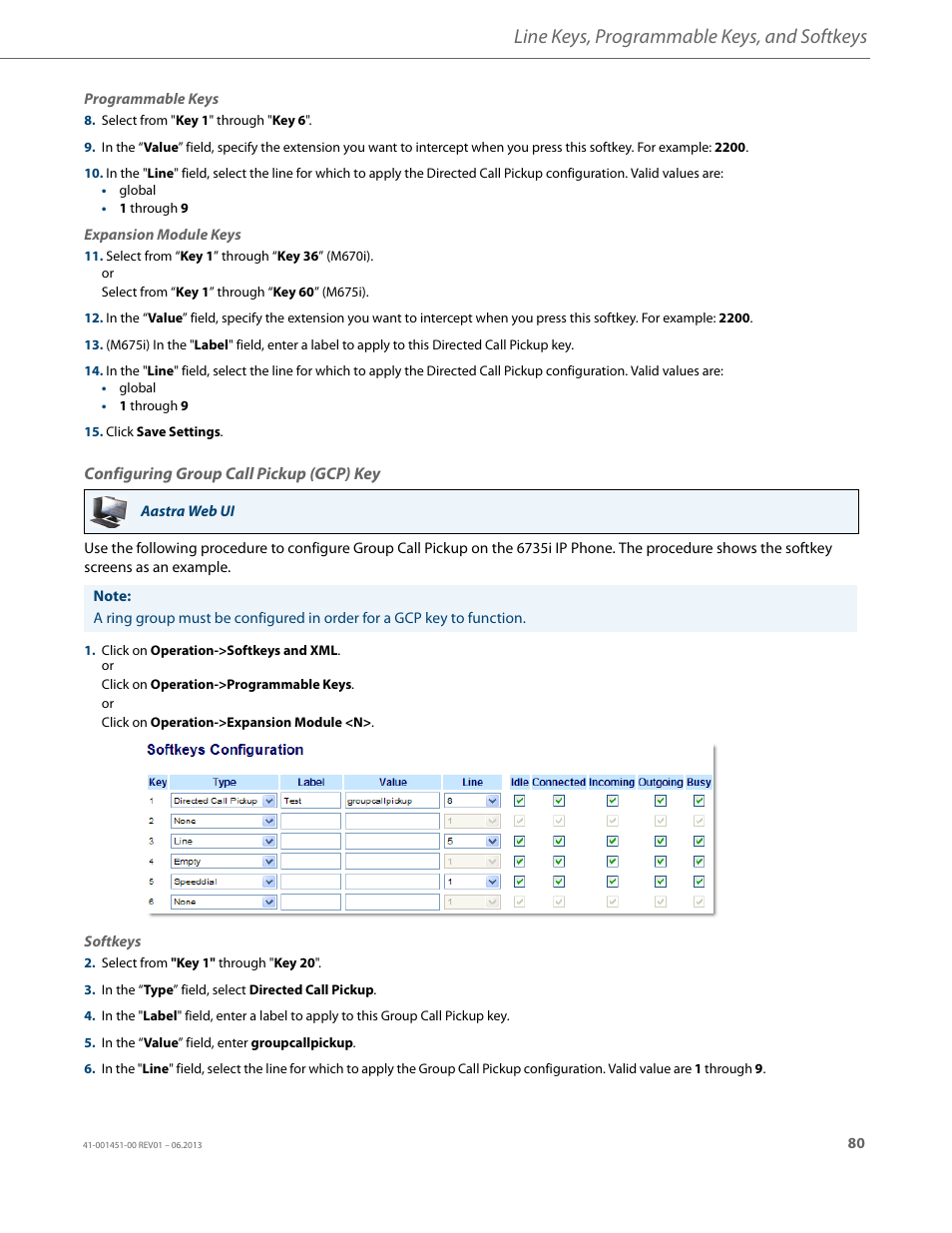 Configuring group call pickup (gcp) key, Line keys, programmable keys, and softkeys | AASTRA 6735i User Guide EN User Manual | Page 87 / 220