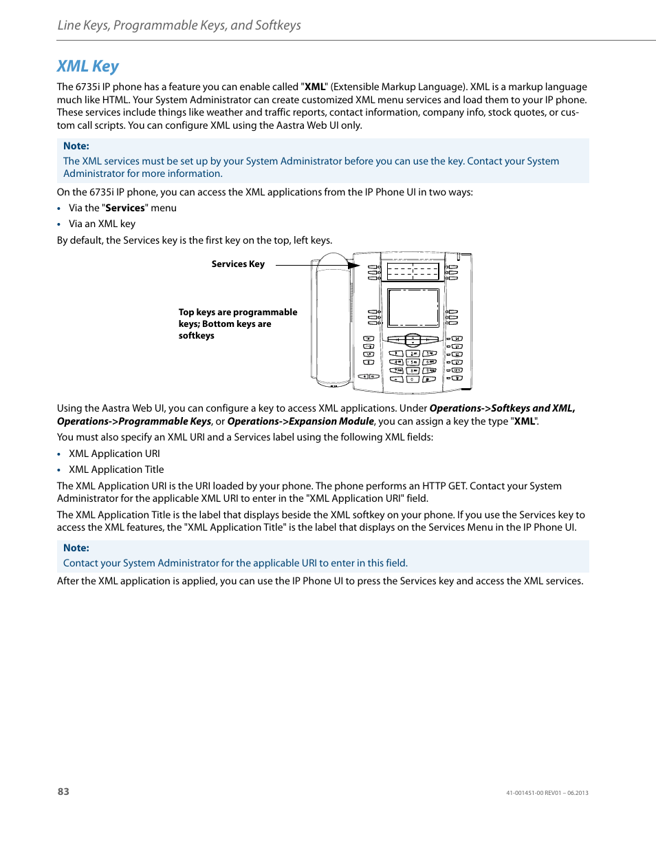 Xml key, Line keys, programmable keys, and softkeys | AASTRA 6735i User Guide EN User Manual | Page 90 / 220