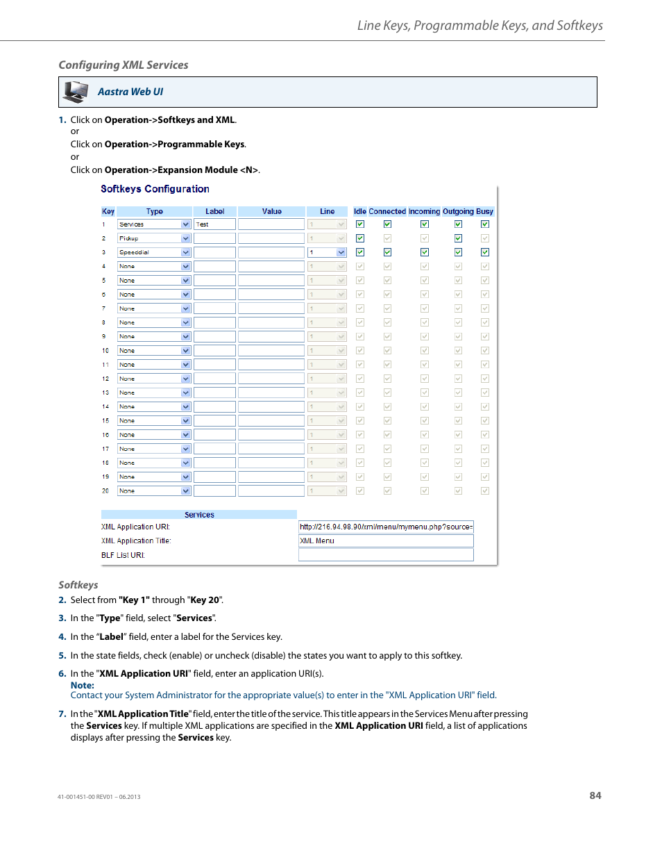 Configuring xml services, Line keys, programmable keys, and softkeys | AASTRA 6735i User Guide EN User Manual | Page 91 / 220