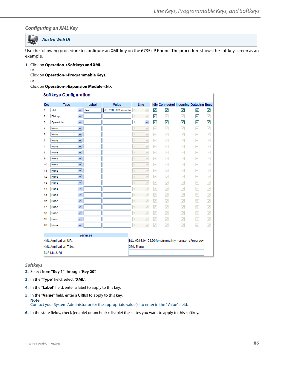Configuring an xml key, Line keys, programmable keys, and softkeys | AASTRA 6735i User Guide EN User Manual | Page 93 / 220