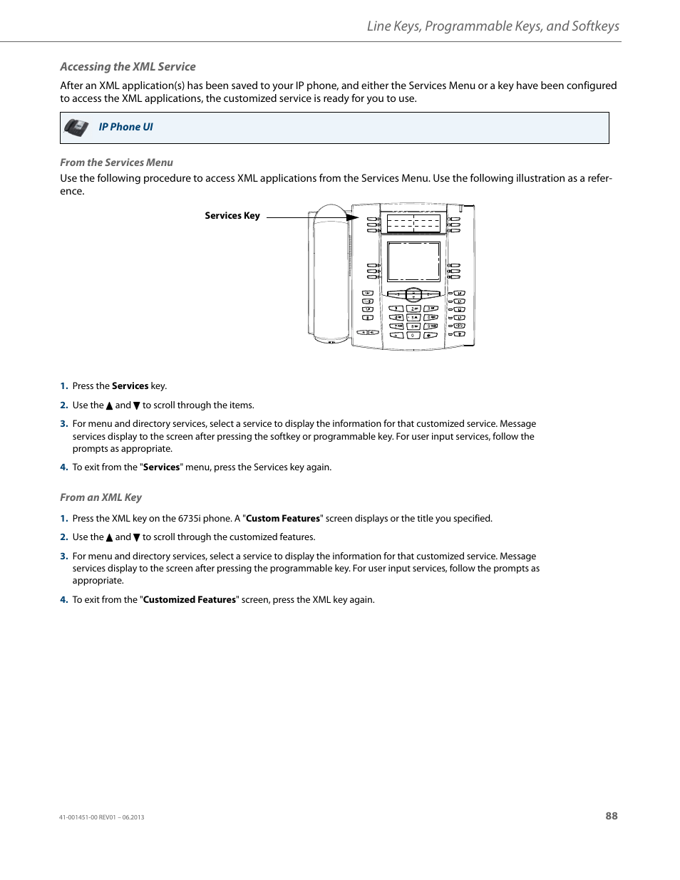 Accessing the xml service, Line keys, programmable keys, and softkeys | AASTRA 6735i User Guide EN User Manual | Page 95 / 220