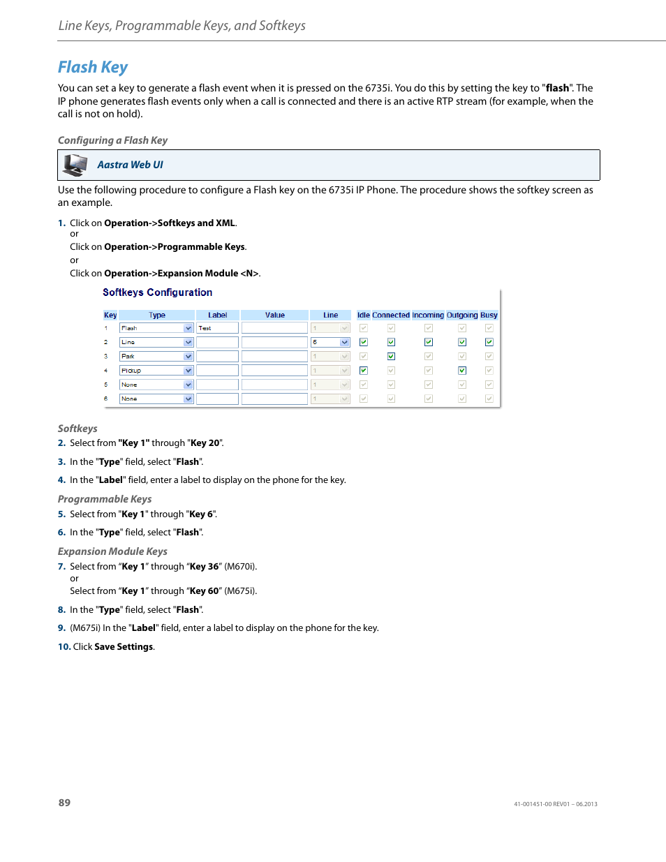 Flash key, Line keys, programmable keys, and softkeys | AASTRA 6735i User Guide EN User Manual | Page 96 / 220