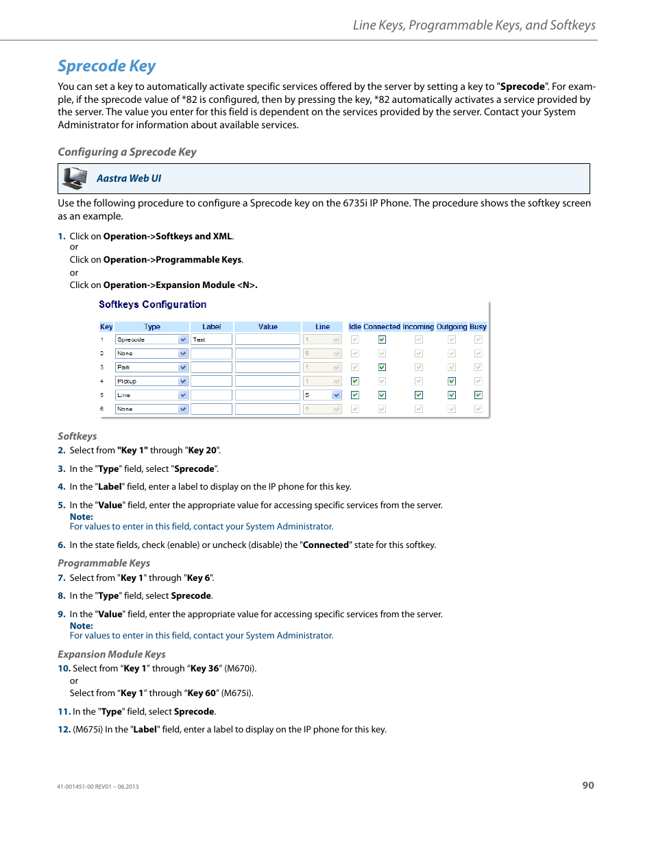 Sprecode key, Configuring a sprecode key, Line keys, programmable keys, and softkeys | AASTRA 6735i User Guide EN User Manual | Page 97 / 220