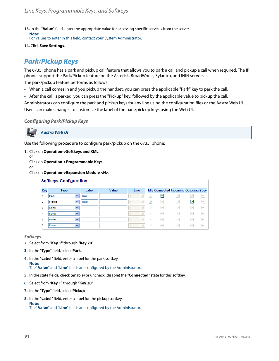 Park/pickup keys, Configuring park/pickup keys, Line keys, programmable keys, and softkeys | AASTRA 6735i User Guide EN User Manual | Page 98 / 220