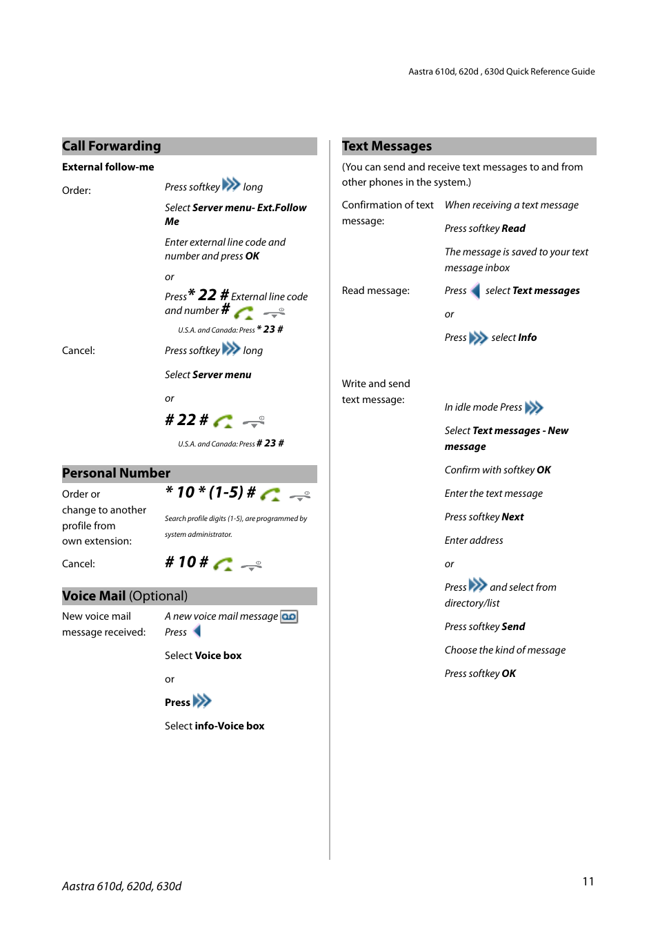 Personal number, Voice mail (optional), Call forwarding text messages | AASTRA 600d for SIP-DECT MX-ONE Quick User Guide EN User Manual | Page 11 / 19