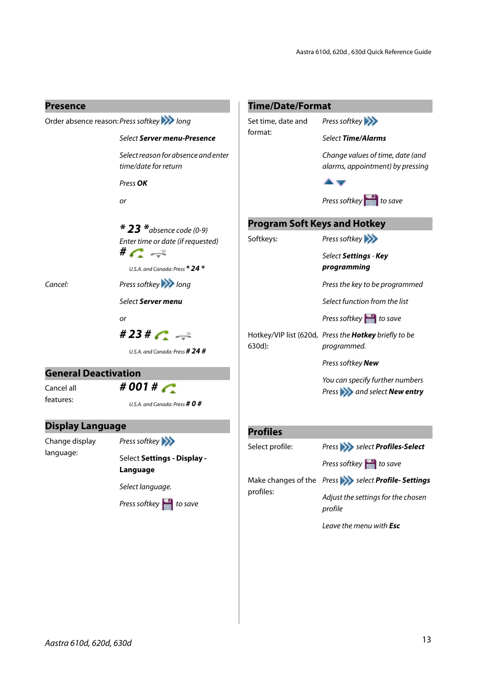 Presence, General deactivation, Display language | Time/date/format, Program soft keys and hotkey, Profiles | AASTRA 600d for SIP-DECT MX-ONE Quick User Guide EN User Manual | Page 13 / 19