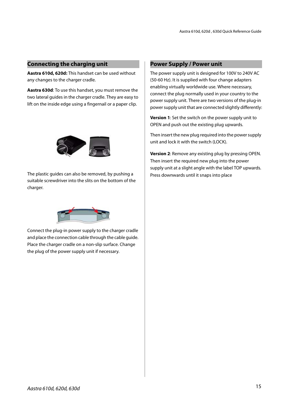 Connecting the charging unit, Power supply / power unit | AASTRA 600d for SIP-DECT MX-ONE Quick User Guide EN User Manual | Page 15 / 19