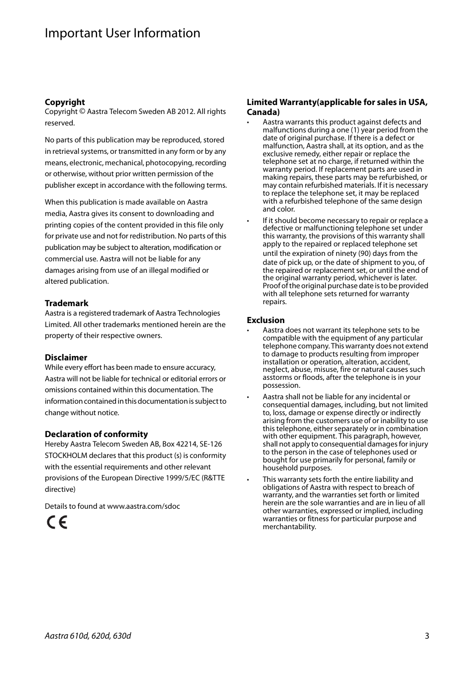 Important user information | AASTRA 600d for SIP-DECT MX-ONE Quick User Guide EN User Manual | Page 3 / 19