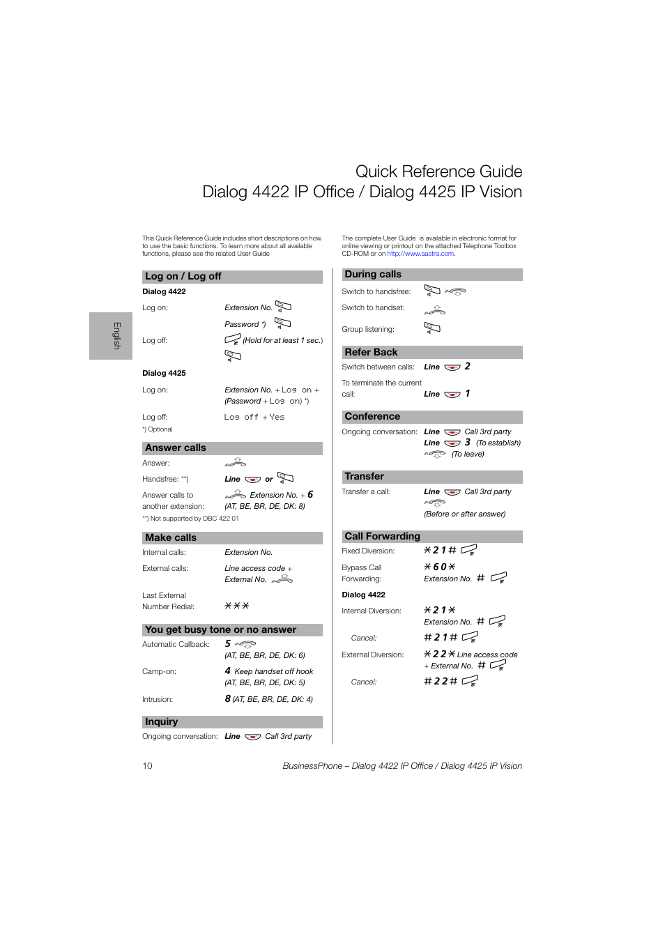 AASTRA 4425 IP Vision for BusinessPhone Quick Reference Guide User Manual | Page 10 / 40