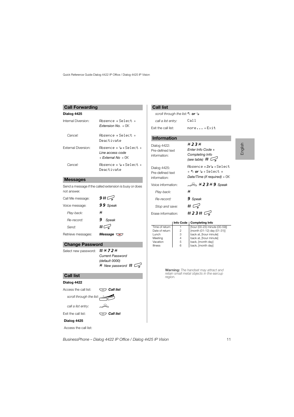 AASTRA 4425 IP Vision for BusinessPhone Quick Reference Guide User Manual | Page 11 / 40