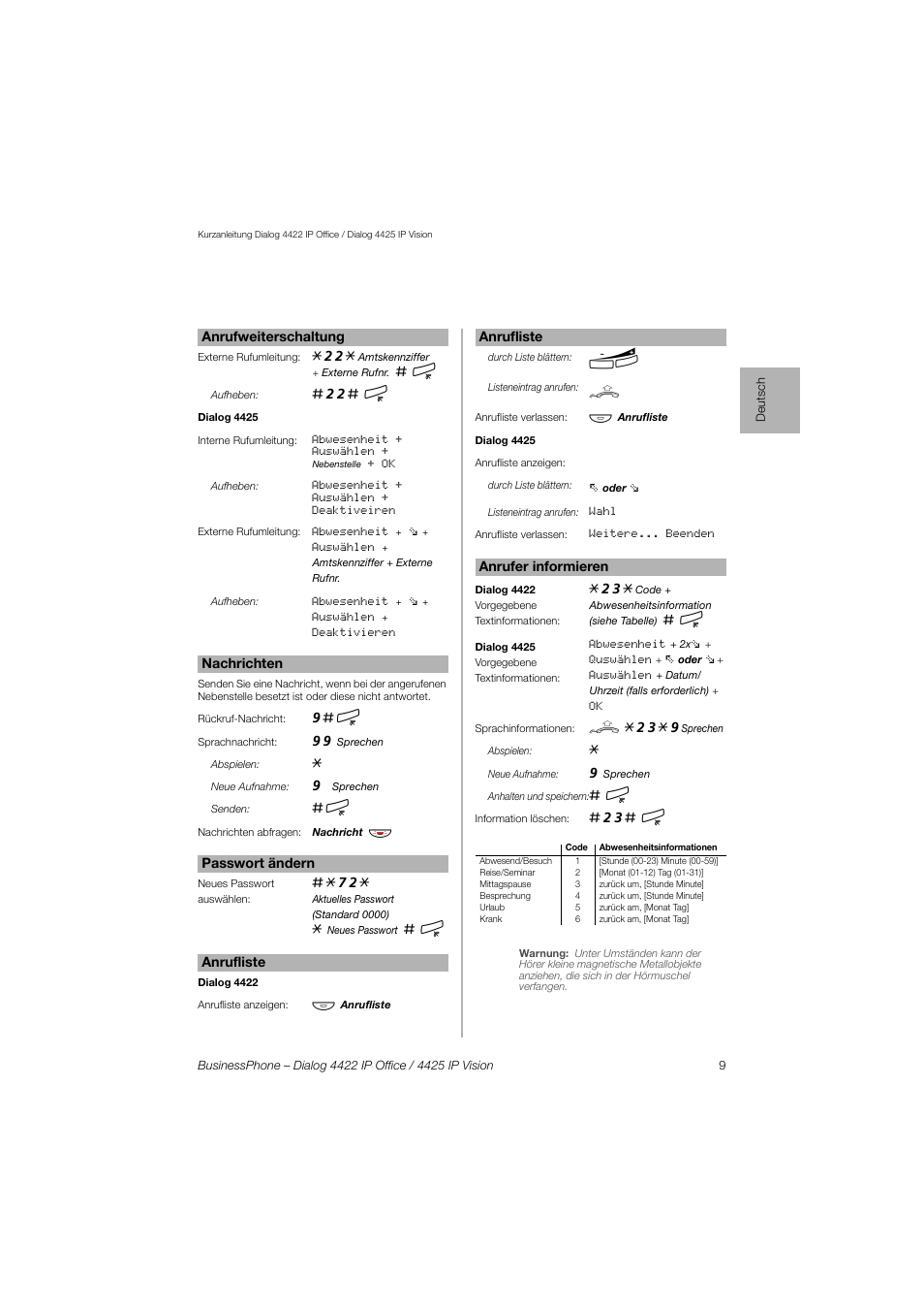 AASTRA 4425 IP Vision for BusinessPhone Quick Reference Guide User Manual | Page 9 / 40