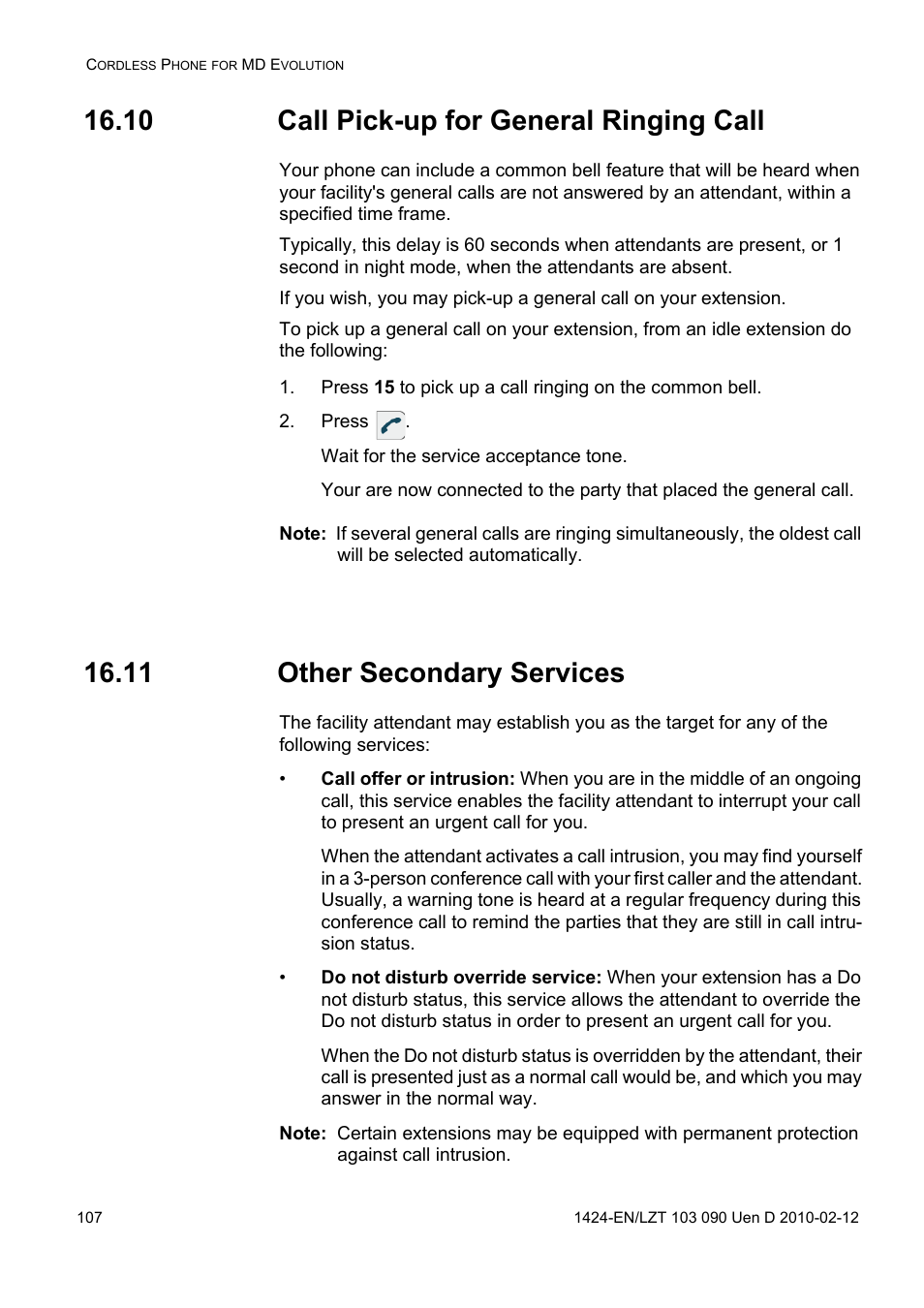 10 call pick-up for general ringing call, Press, 11 other secondary services | AASTRA DT692 Cordless for MXONE Quick Reference Guide EN User Manual | Page 107 / 142