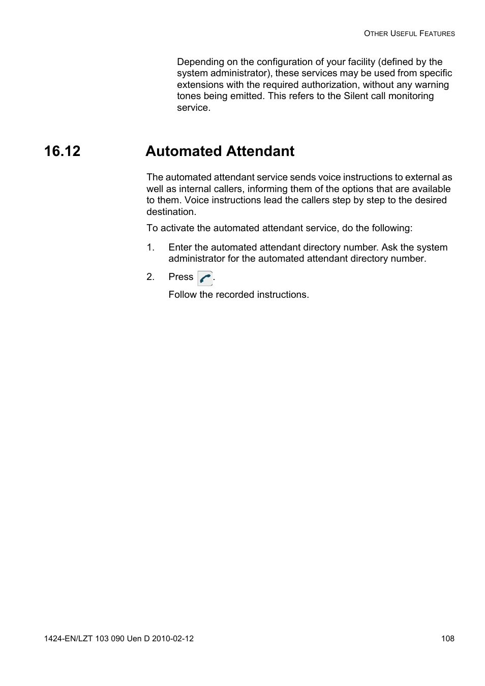 12 automated attendant, Press | AASTRA DT692 Cordless for MXONE Quick Reference Guide EN User Manual | Page 108 / 142