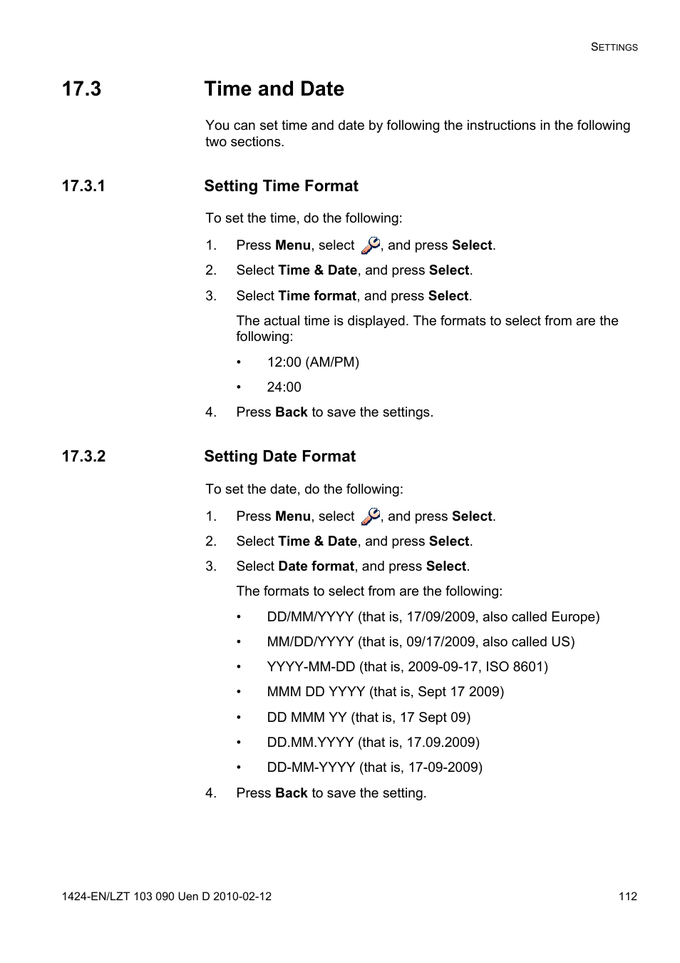 3 time and date, 1 setting time format, Press menu, select , and press select | Select time & date, and press select, Select time format, and press select, Press back to save the settings, 2 setting date format, Select date format, and press select, Press back to save the setting | AASTRA DT692 Cordless for MXONE Quick Reference Guide EN User Manual | Page 112 / 142