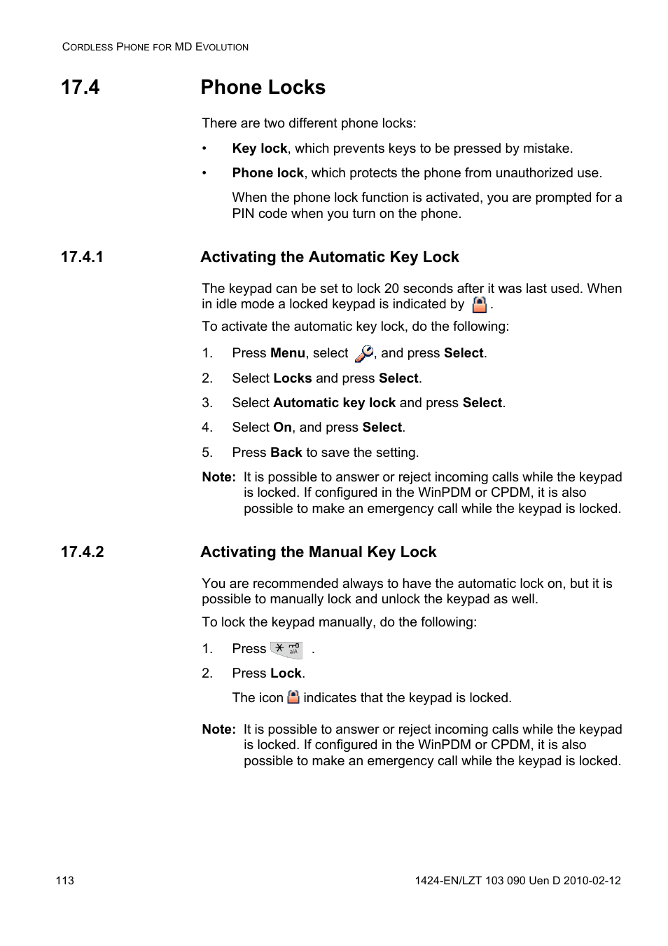 4 phone locks, 1 activating the automatic key lock, Press menu, select , and press select | Select locks and press select, Select automatic key lock and press select, Select on, and press select, Press back to save the setting, 2 activating the manual key lock, Press, Press lock | AASTRA DT692 Cordless for MXONE Quick Reference Guide EN User Manual | Page 113 / 142