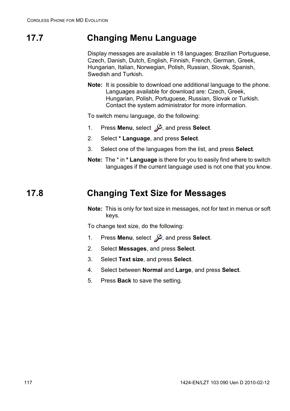 7 changing menu language, Press menu, select , and press select, Select * language, and press select | 8 changing text size for messages, Select messages, and press select, Select text size, and press select, Select between normal and large, and press select, Press back to save the setting | AASTRA DT692 Cordless for MXONE Quick Reference Guide EN User Manual | Page 117 / 142