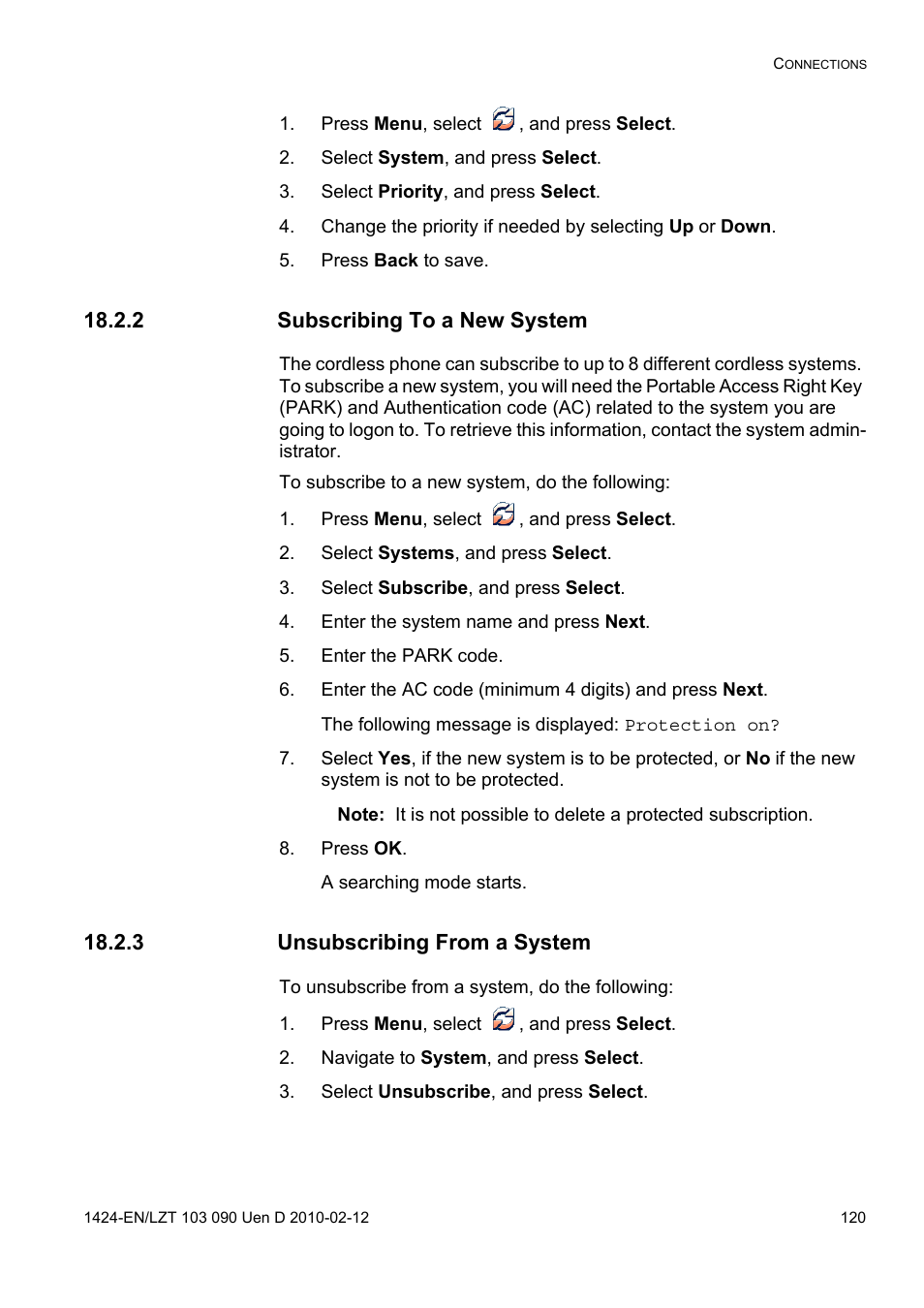 Press menu, select , and press select, Select system, and press select, Select priority, and press select | Press back to save, 2 subscribing to a new system, Select systems, and press select, Select subscribe, and press select, Enter the system name and press next, Enter the park code, Press ok | AASTRA DT692 Cordless for MXONE Quick Reference Guide EN User Manual | Page 120 / 142