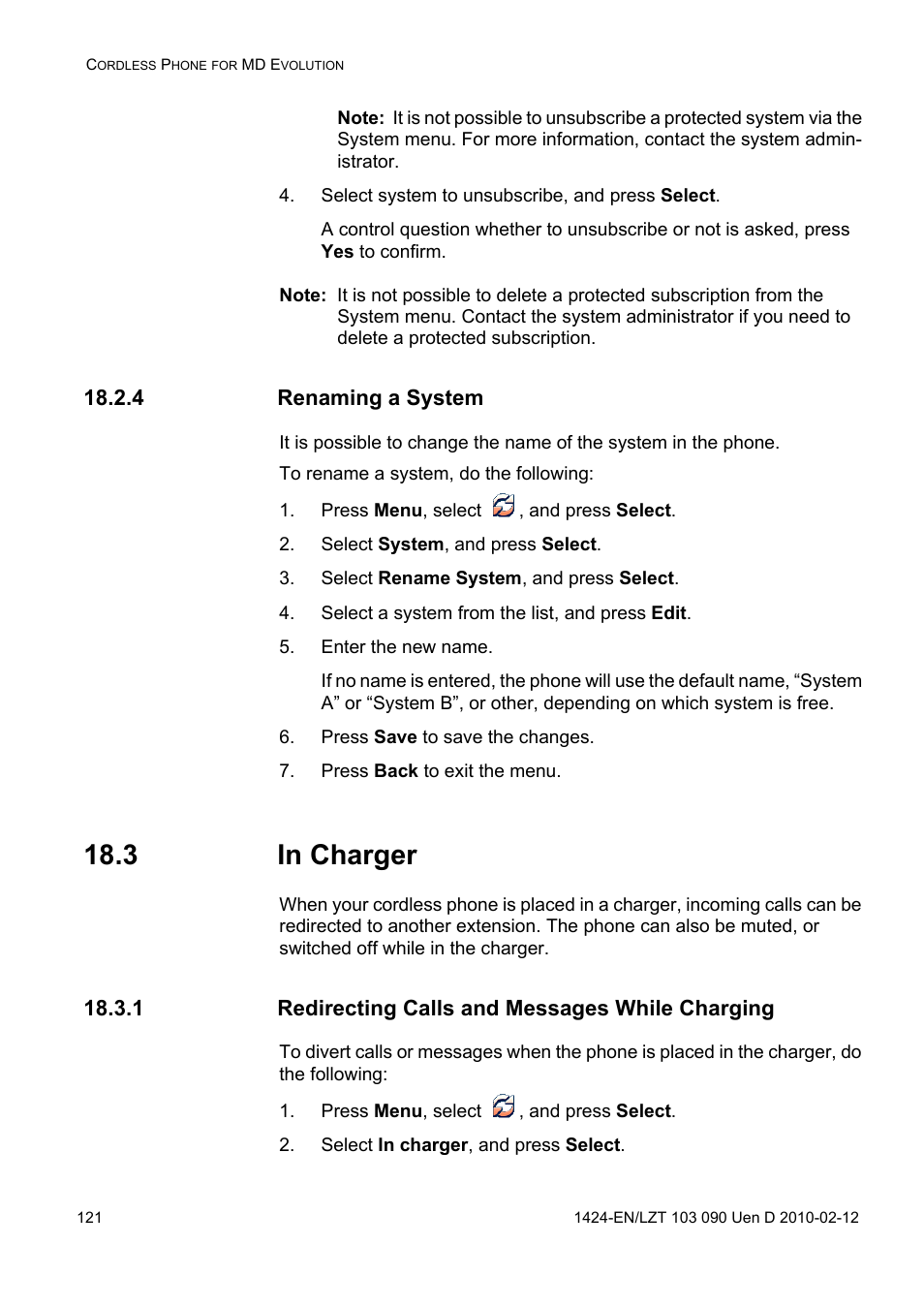 Select system to unsubscribe, and press select, 4 renaming a system, Press menu, select , and press select | Select system, and press select, Select rename system, and press select, Select a system from the list, and press edit, Enter the new name, Press save to save the changes, Press back to exit the menu, 3 in charger | AASTRA DT692 Cordless for MXONE Quick Reference Guide EN User Manual | Page 121 / 142