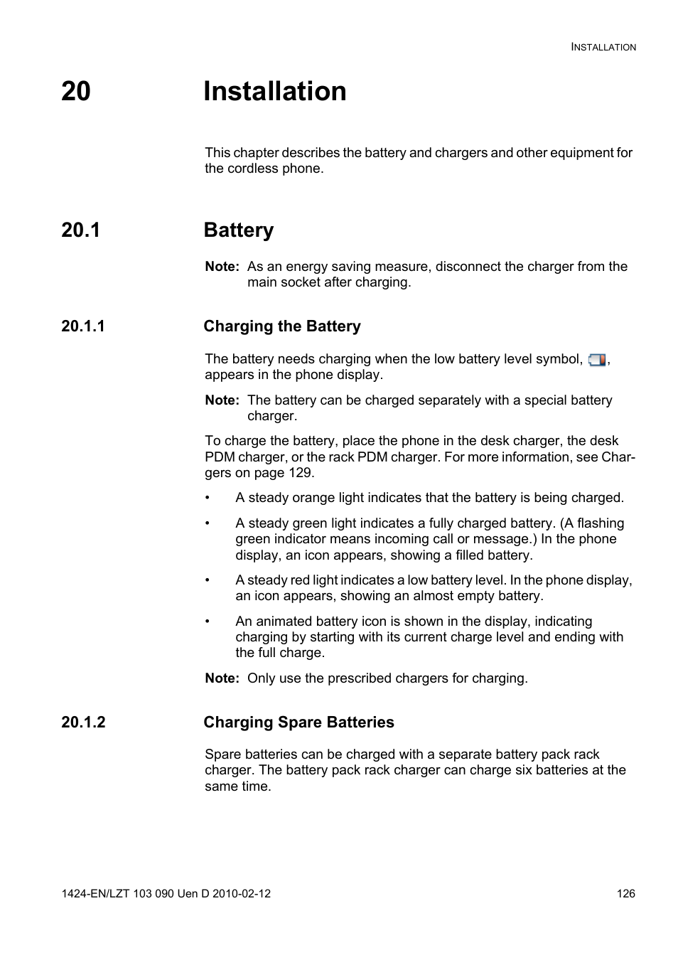 20 installation, 1 battery, 1 charging the battery | 2 charging spare batteries | AASTRA DT692 Cordless for MXONE Quick Reference Guide EN User Manual | Page 126 / 142