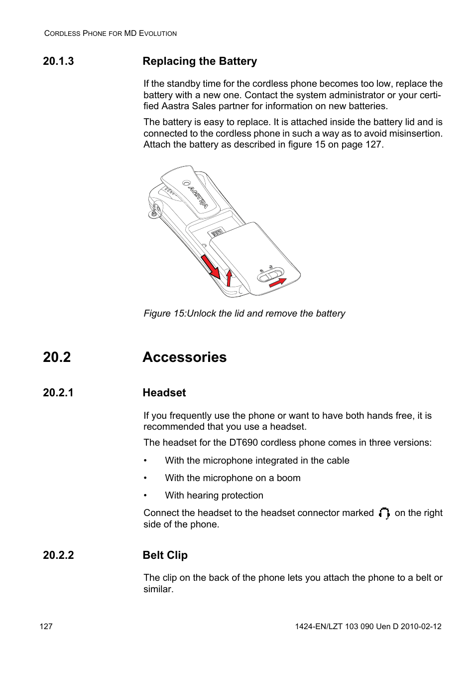 3 replacing the battery, Figure 15: unlock the lid and remove the battery, 2 accessories | 1 headset, 2 belt clip | AASTRA DT692 Cordless for MXONE Quick Reference Guide EN User Manual | Page 127 / 142