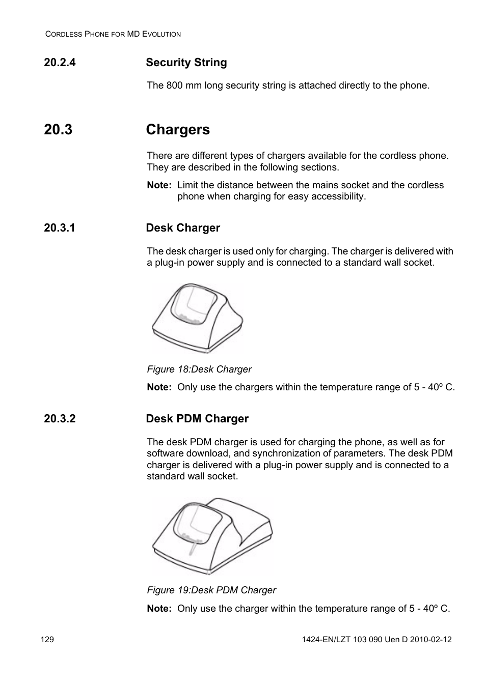 4 security string, 3 chargers, 1 desk charger | Figure 18: desk charger, 2 desk pdm charger, Figure 19: desk pdm charger | AASTRA DT692 Cordless for MXONE Quick Reference Guide EN User Manual | Page 129 / 142