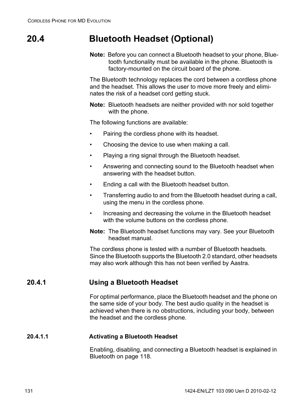 4 bluetooth headset (optional), 1 using a bluetooth headset, 1 activating a bluetooth headset | AASTRA DT692 Cordless for MXONE Quick Reference Guide EN User Manual | Page 131 / 142