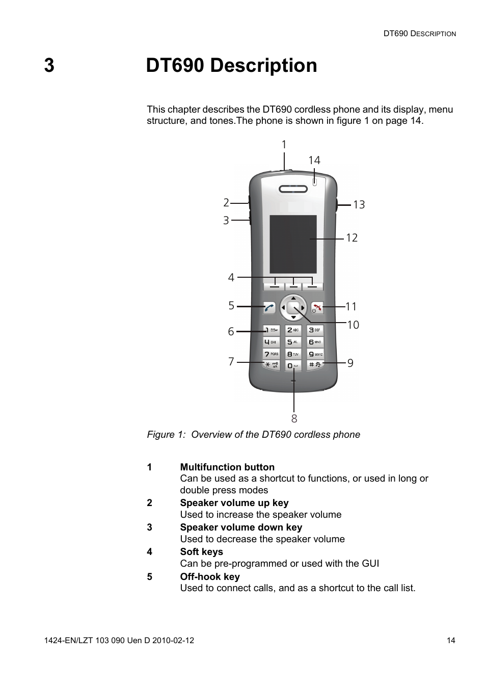 3 dt690 description, Figure 1: overview of the dt690 cordless phone, 3dt690 description | AASTRA DT692 Cordless for MXONE Quick Reference Guide EN User Manual | Page 14 / 142