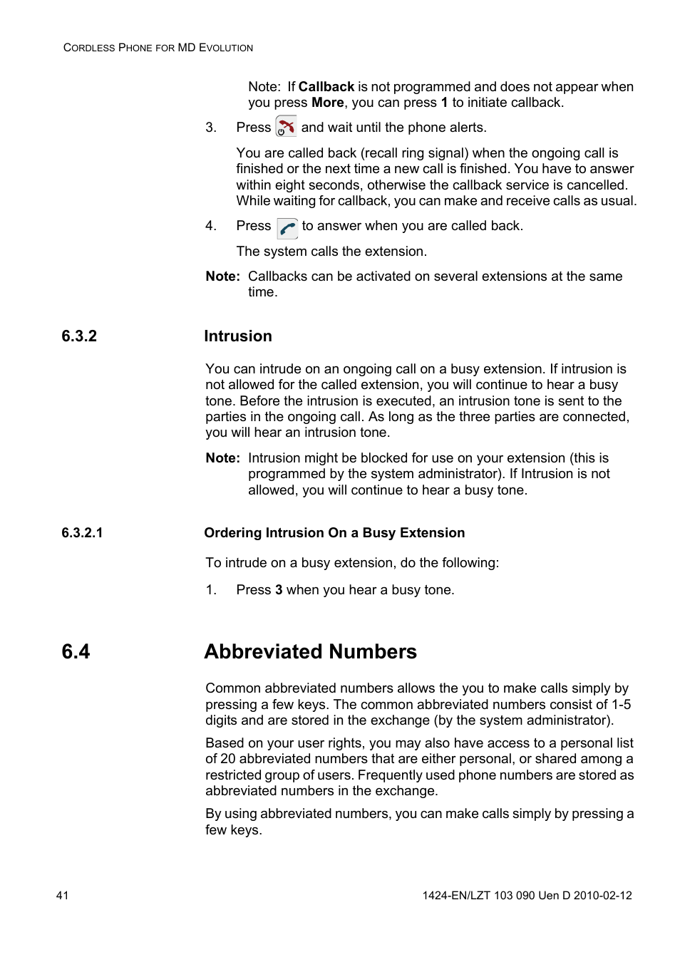 Press and wait until the phone alerts, Press to answer when you are called back, 2 intrusion | 1 ordering intrusion on a busy extension, Press 3 when you hear a busy tone, 4 abbreviated numbers | AASTRA DT692 Cordless for MXONE Quick Reference Guide EN User Manual | Page 41 / 142