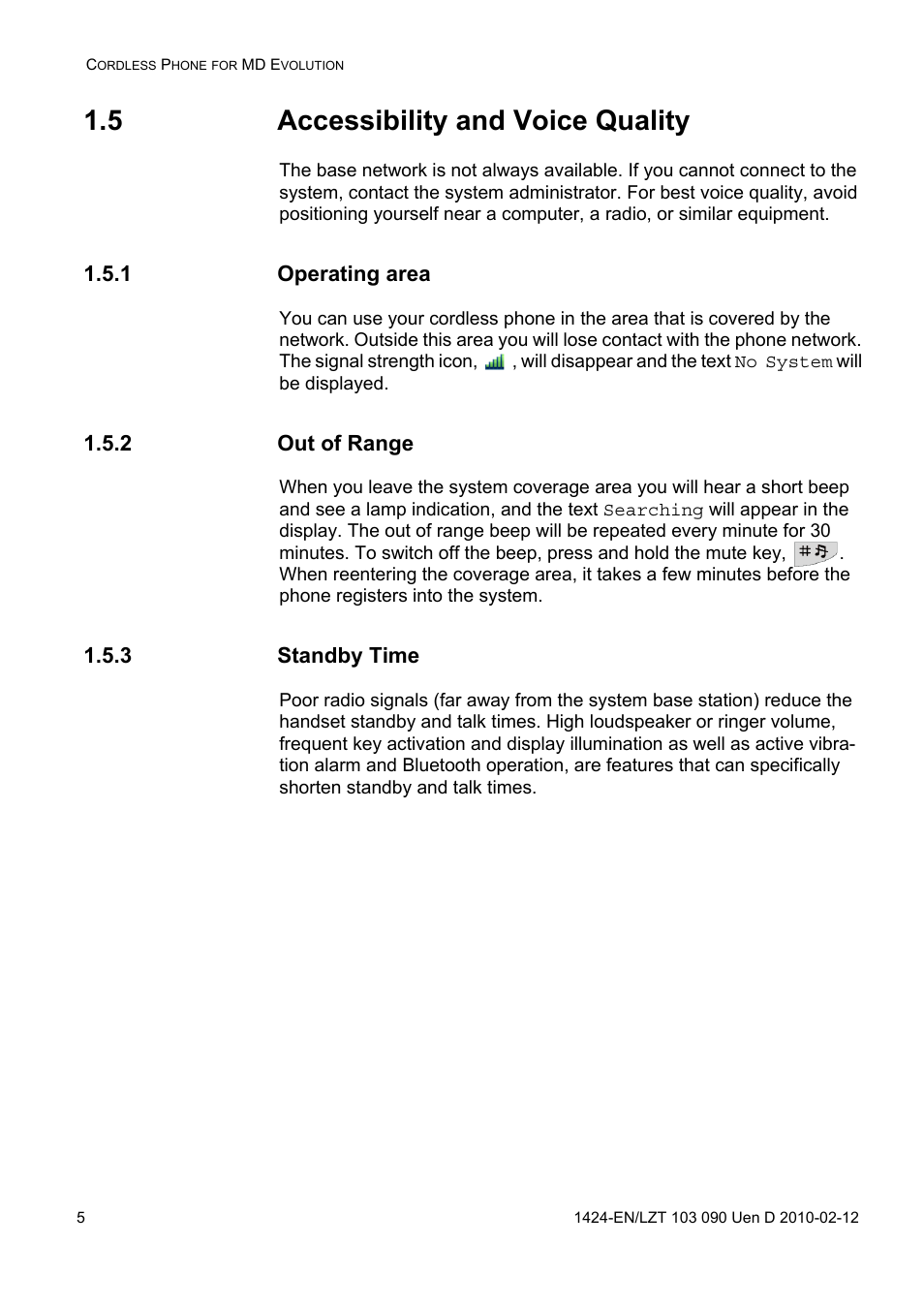 5 accessibility and voice quality, 1 operating area, 2 out of range | 3 standby time | AASTRA DT692 Cordless for MXONE Quick Reference Guide EN User Manual | Page 5 / 142