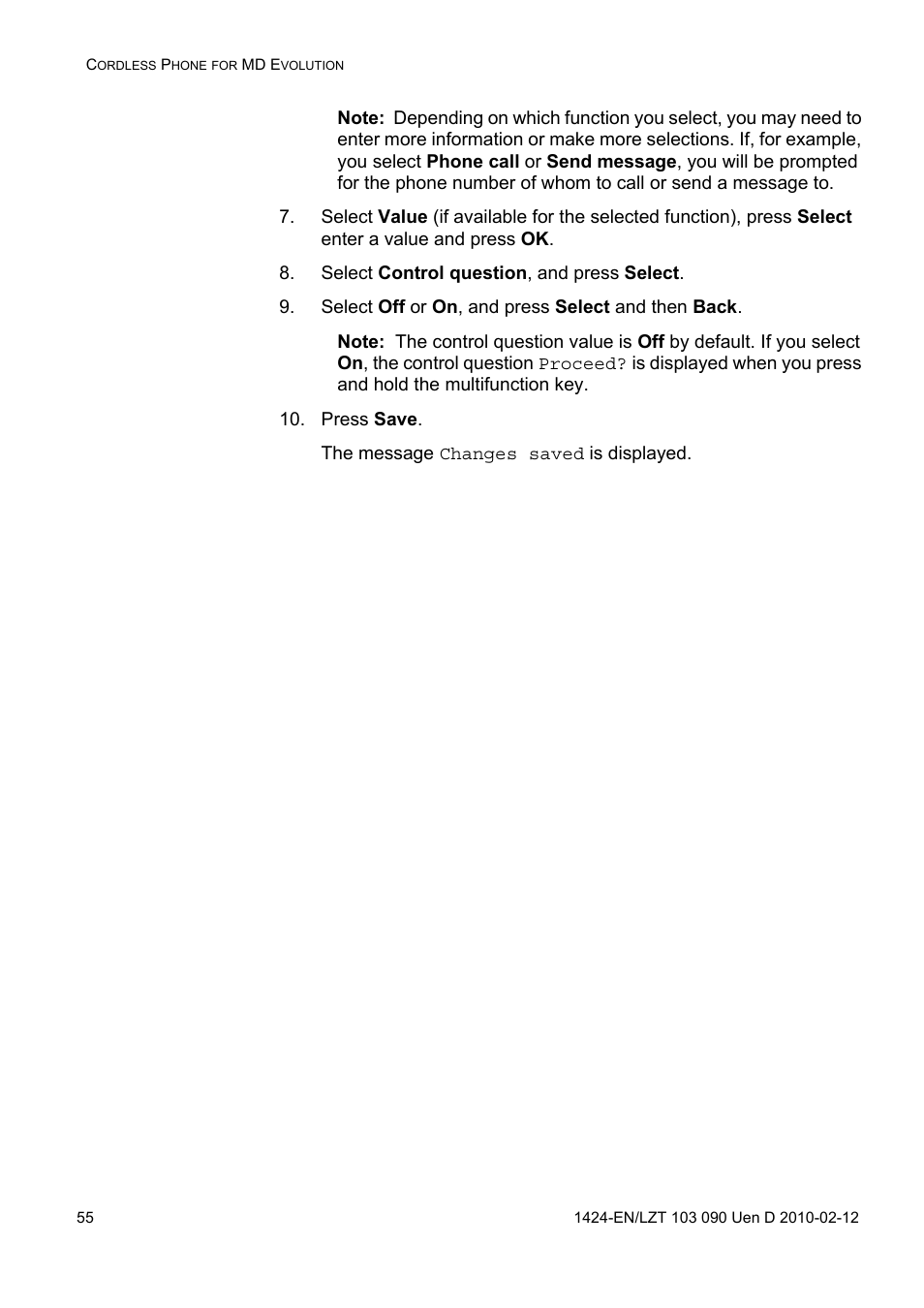 Select control question, and press select, Select off or on, and press select and then back, Press save | AASTRA DT692 Cordless for MXONE Quick Reference Guide EN User Manual | Page 55 / 142