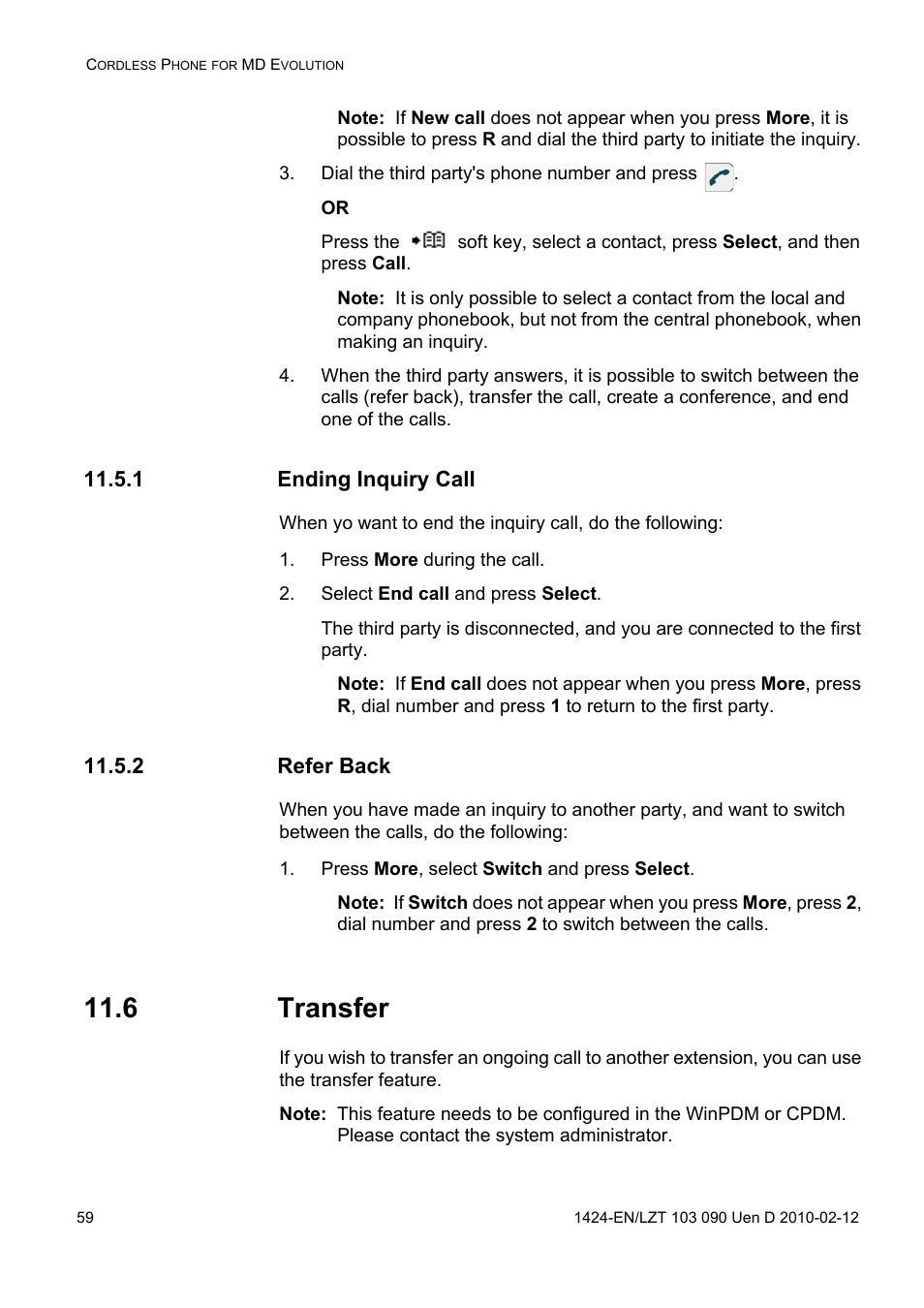 Dial the third party's phone number and press, 1 ending inquiry call, Press more during the call | Select end call and press select, 2 refer back, Press more, select switch and press select, 6 transfer | AASTRA DT692 Cordless for MXONE Quick Reference Guide EN User Manual | Page 59 / 142