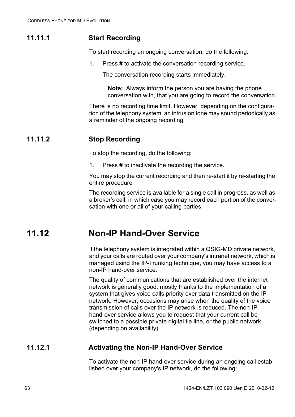 1 start recording, 2 stop recording, Press # to inactivate the recording the service | 12 non-ip hand-over service, 1 activating the non-ip hand-over service | AASTRA DT692 Cordless for MXONE Quick Reference Guide EN User Manual | Page 63 / 142