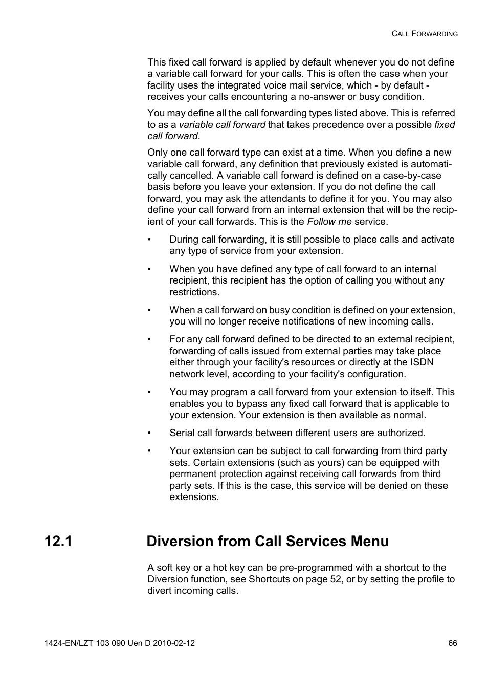 1 diversion from call services menu | AASTRA DT692 Cordless for MXONE Quick Reference Guide EN User Manual | Page 66 / 142
